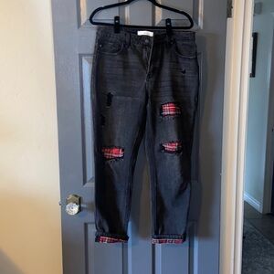 Kancan black distressed denim with plaid detail